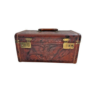 Mexican Art VTG Hand Tooled Leather Traincase Cosmetic Jewelry Box Brown Aztec
